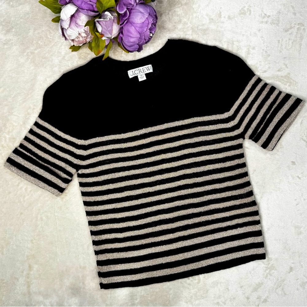 J. Crew Black and Tan Sparkly Cotton Blend Gauze Sweater Tee